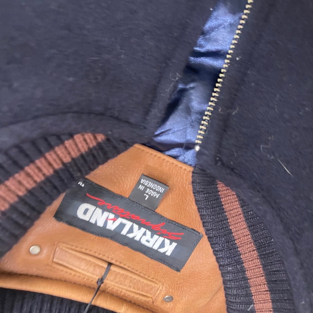 Kirkland NWT Mens Wool Leather Baseball Varsity Jacket Navy Brown Large NWT LG - Picture 3 of 14